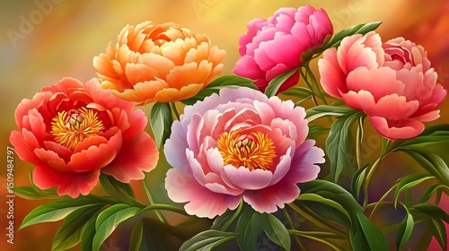 Fototapeta Naklejka Na Ścianę i Meble -  Vibrant Peonies Blooming in Spring Garden