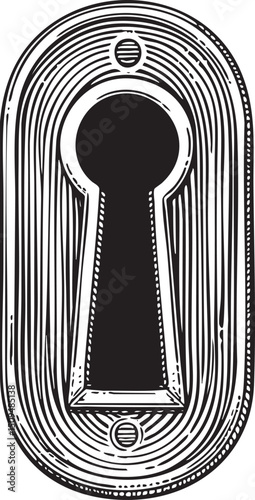 black and white keyhole is prominently displayed on a wooden door.