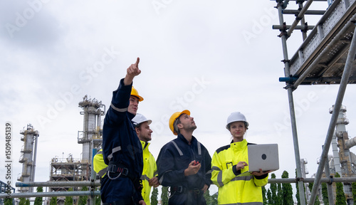 Tablou pe pânză Construction team conducting safety assessments at industrial site in cloudy wea