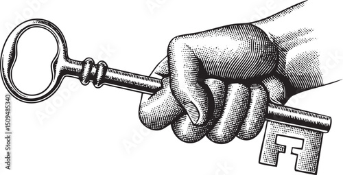 hand firmly grasps a detailed ornate key.