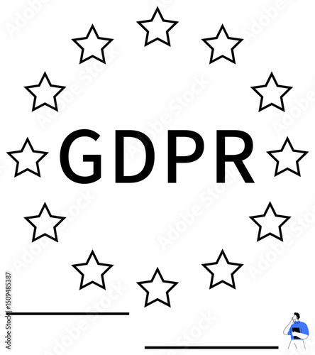 Text GDPR in center of star circle suggesting European regulation, with person holding privacy folder. Ideal for data protection, privacy laws, governance, cybersecurity, policies, information