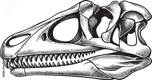 detailed black and white of a dinosaur skull.