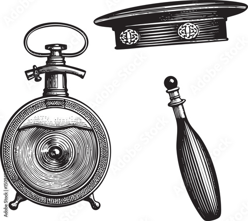 vintage glass perfume bottle rests beside a nautical cap and a decorative wooden vial.