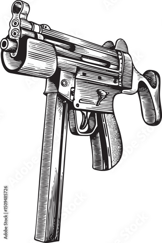 detailed engraving depicts a military submachine gun resting on a dark surface.
