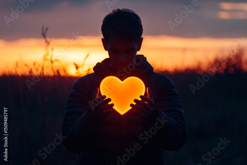 Man holding a glowing heart in his hands silhouette