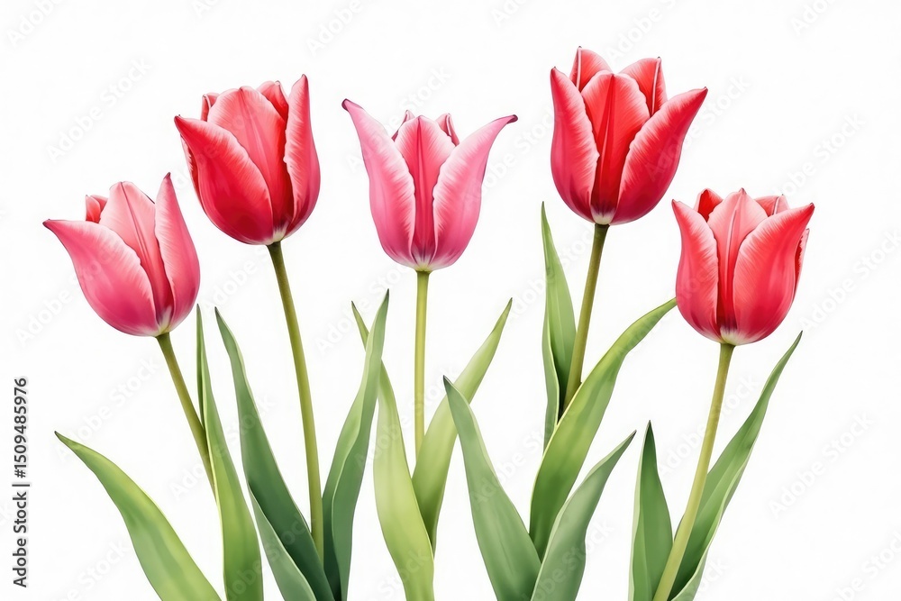 Naklejka premium Watercolor illustration of blooming pink and red tulips with striped petals, elegant summer floral set on white background
