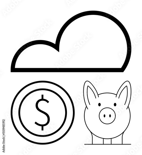 Cloud graphic, piggy bank, and coin with dollar sign suggest finance, savings, money management, cloud computing, digital services, data storage and fintech solutions. Ideal for personal finance