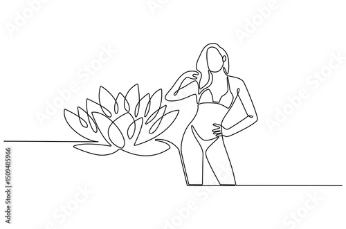 Continuous one line drawing of Woman with bikini for holiday with Lotus flower. Single line drawing illustration of Woman with Lotus. Summer vacation concept vector art. Doodle line illustration.