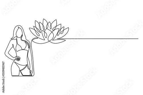 Continuous one line drawing of Woman with bikini for holiday with Lotus flower. Single line drawing illustration of Woman with Lotus. Summer vacation concept vector art. Doodle line illustration.