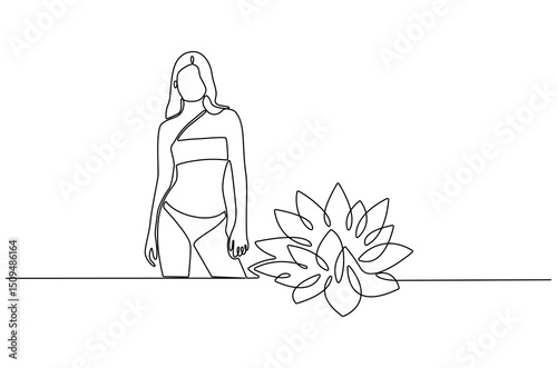 Continuous one line drawing of Woman with bikini for holiday with Lotus flower. Single line drawing illustration of Woman with Lotus. Summer vacation concept vector art. Doodle line illustration.