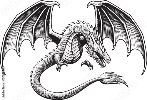 majestic black dragon gracefully coils displaying its wings and tail.