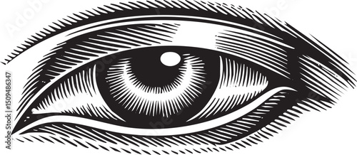 detailed black and white engraving depicts a single intense eye with intricate linework.