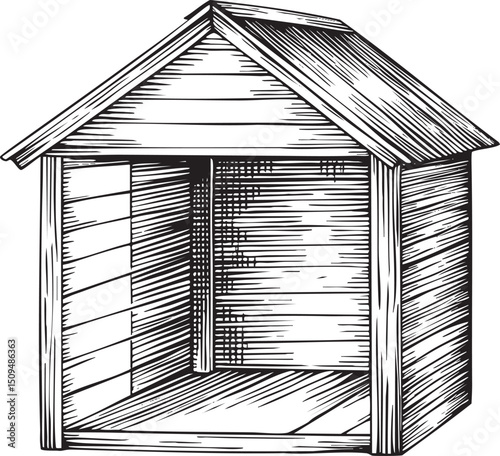 simple wooden shed stands with a dark doorway.