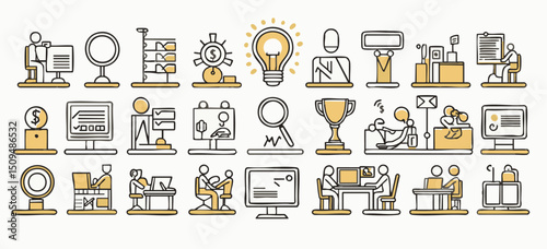 Minimalist Startup Business Icon Vector Set – Line Art Style with Modern Office and Technology Symbols