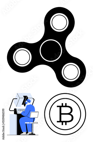 Large black fidget spinner, person working at computer workstation, and Bitcoin logo. Ideal for innovation, cryptocurrency, focus, technology, coding, productivity playful flat simple metaphor