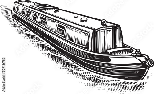 long narrow canal boat glides smoothly across calm water.