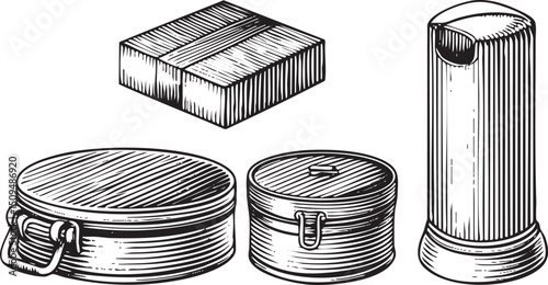 Three wooden containers including a box and two round baskets are arranged on a surface.