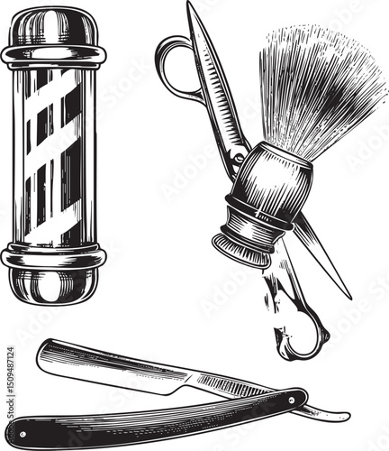 vintage razor shaving brush and container stand upright on a dark surface.