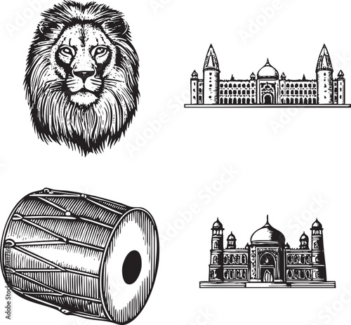 detailed black and white depicts a regal lion’s head alongside a majestic and a traditional drum.
