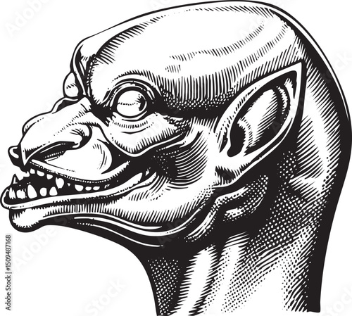 detailed black and white depicts a creature with an elongated head large ears and sharp teeth.