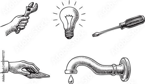 hand holds a wrench a lightbulb and a screwdriver against a white background.