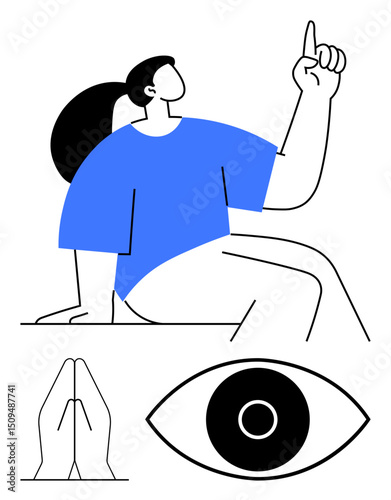 Person seated, pointing upward with intentional gesture, alongside hand in namaste gesture and an eye symbol. Ideal for mindfulness, focus, spirituality, creativity, awareness, learning simple