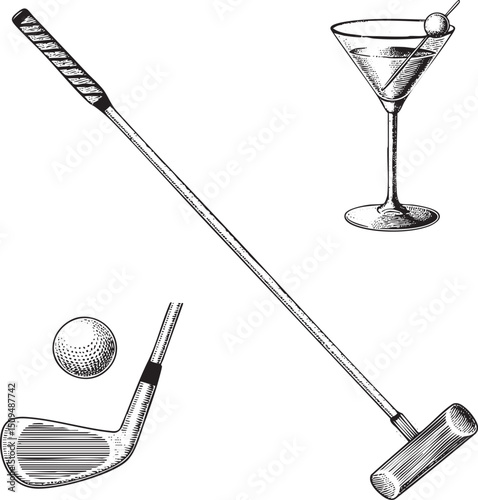 golf club a ball and a martini glass are displayed on a white background.