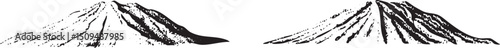 Two silhouetted mountain peaks rise against a stark white background.