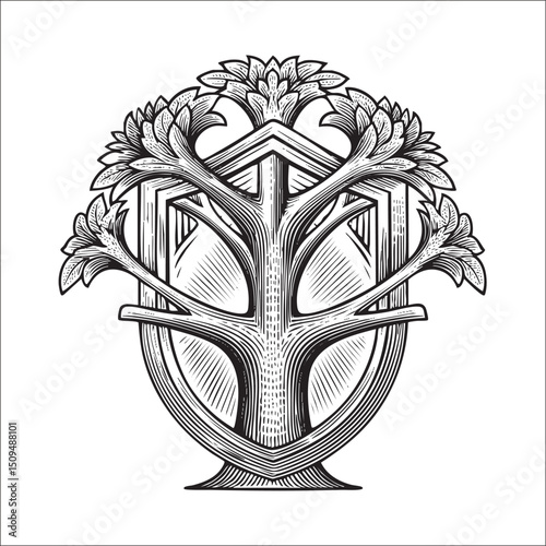 stylized tree emblem is intricately engraved within a protective shield.