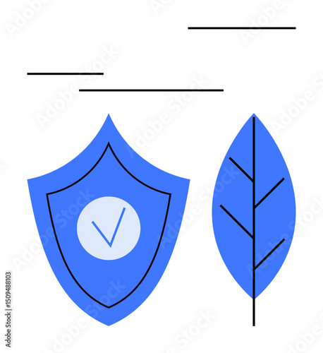Blue shield with checkmark alongside a leaf representing security, eco-friendliness, and sustainability. Ideal for nature conservation, online security, health, eco-tech, green initiatives, product