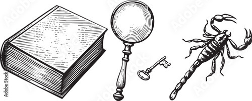 weathered book magnifying glass and scorpion are arranged on a white surface.
