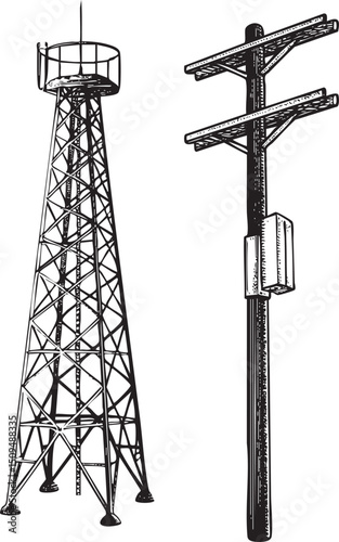 weathered oil well tower stands beside a utility pole with electrical equipment.