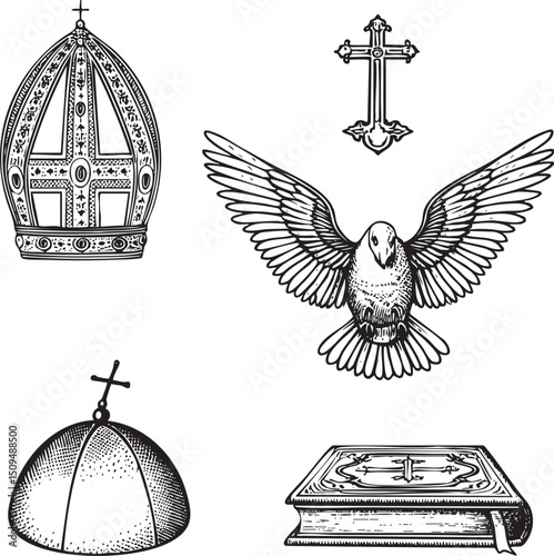 Elegant religious symbols are arranged in a circular composition.