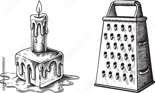 candle rests on a block of cheese beside a metal grater.