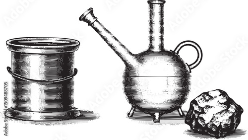 vintage copper pot rests beside a glass distillation apparatus and a rough stone.