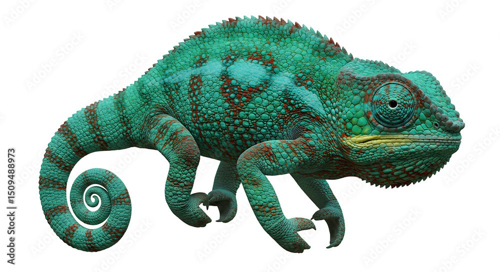 Obraz premium Detailed Turquoise Chameleon with ReddishBrown Markings and Curled Tail