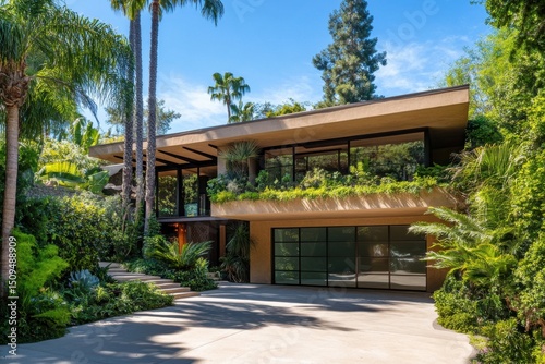Modern house surrounded by lush greenery showcases a twostory exterior under blue sky