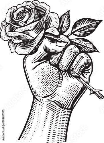 hand firmly grasps a vibrant rose with delicate petals and leaves.
