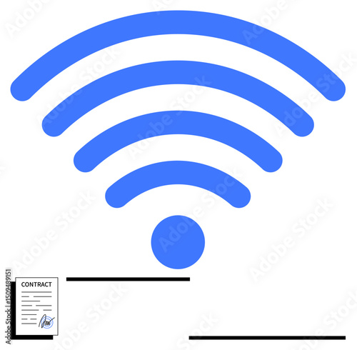 Blue wireless signal with signed contract below. Ideal for technology, networking, communication, internet, agreement, digital transformation, business solutions, and simple landing page