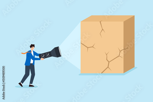 Flat illustration of quality control manager scanning product with checklist flashlight to detect compliance errors