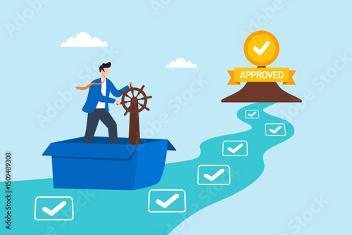 Flat illustration of quality control manager steering product boat through checklist river toward approval island