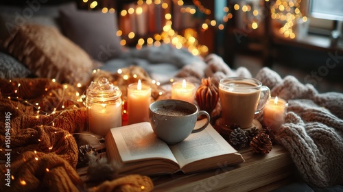 Open book with coffee, candles, and warm blanket create a cozy, inviting scene
