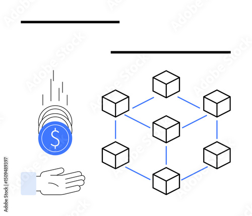Coins with a dollar sign falling into an open palm next to a blockchain structure of connected cubes. Ideal for finance, blockchain, cryptocurrency, digital payment, technology, fintech, simple