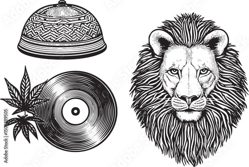 detailed black and white depicts a majestic lion’s head alongside a vinyl record and a decorative bell.