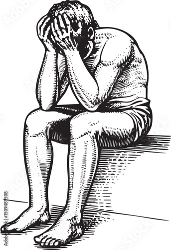 man sits slumped with his head in his hands conveying sorrow.