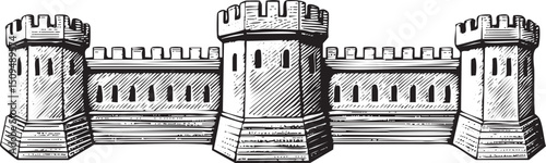Three stone towers form a fortified wall.
