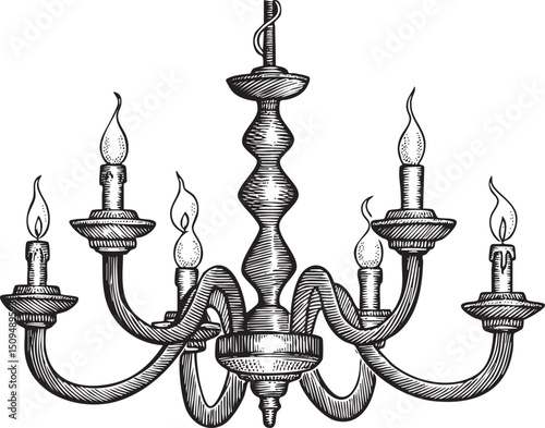 black and white depicts a decorative chandelier with multiple candle lights.
