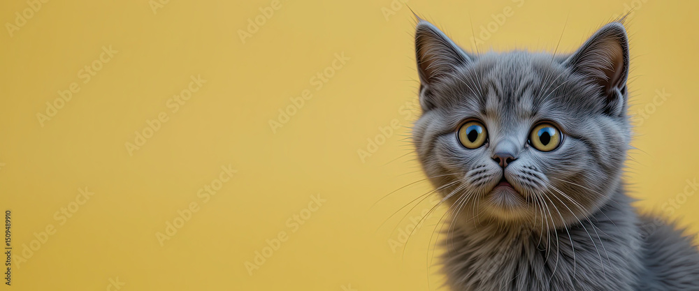 Obraz premium Curious British Shorthair Kitten with Big Round Eyes and Soft Gray Fur Sitting Against Solid Yellow Background, Studio Portrait for Pet and Animal Stock Photography