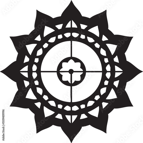stylized black and white circular emblem features intricate geometric .