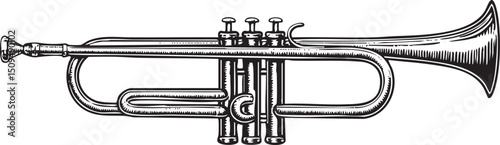 detailed black and white of a brass trumpet.